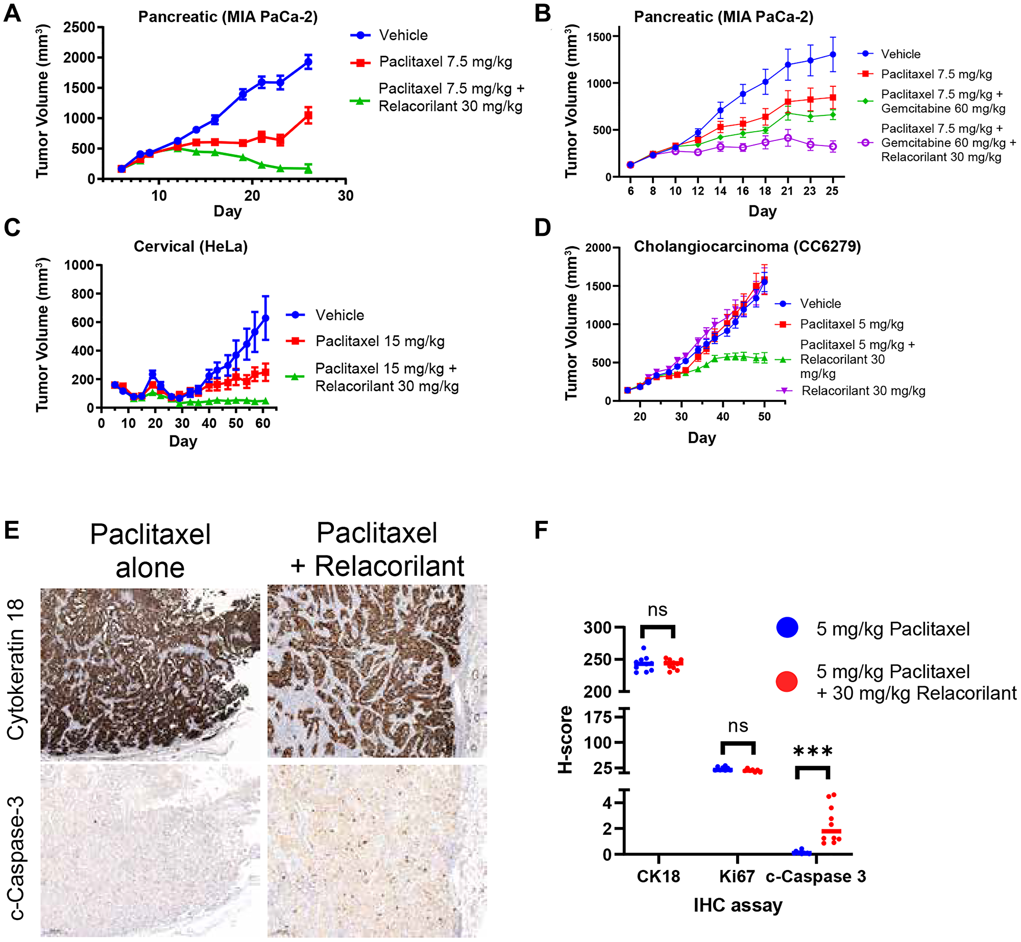 Figure 4: Relacorilant improves the efficacy and promotes apoptotic activity of cytotoxic therapy in xenograft models under physiological cortisol conditions.