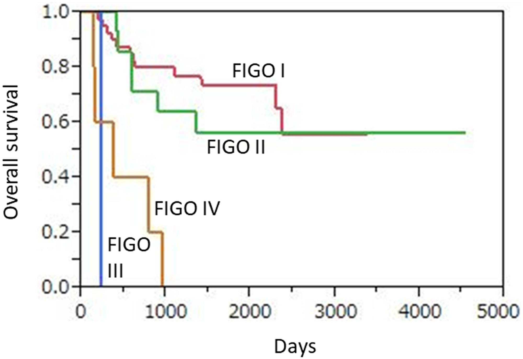 Figure 5: Kaplan-Meier overall survival curves for 62 uterine cervical neuroendocrine carcinoma patients according to FIGO stage.