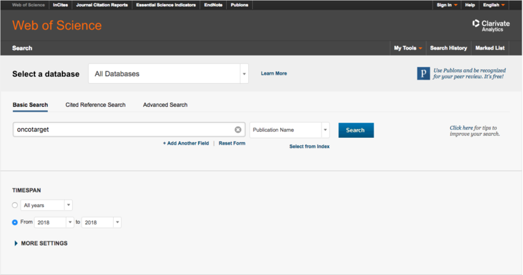 How to search Web of Science for Oncotarget articles in issues published after January 15, 2018. Step 1.