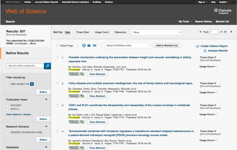 How to search Web of Science for Oncotarget articles in issues published after January 15, 2018. Step 2.