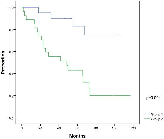 Biochemical failure-free survival between patients with post-radical prostatectomy (RP) PSA nadir &#x2264;0.1 ng/ml and PSA &#x2264;0.5 ng/ml at salvage intensity modulated radiation therapy (IMRT) (group 1) compared with patients with post-RP PSA nadir &#x003E;0.1 ng/ml and/or PSA at salvage IMRT &#x003E;0.5 ng/ml (group 2).