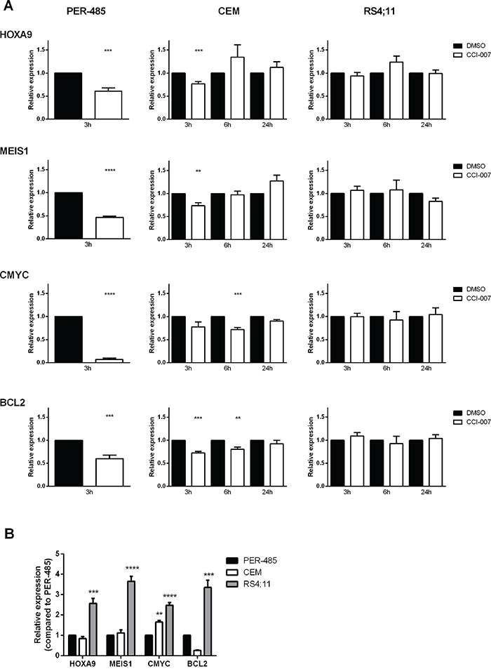 CCI-007 decreases mRNA expression of MLL target genes in sensitive MLL-r leukemia cells.