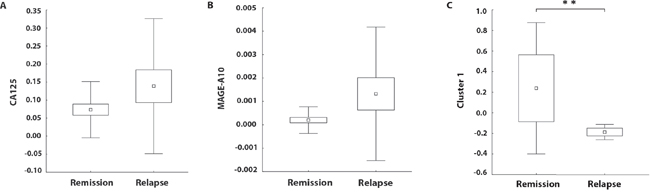 Relative mRNA expressions of CA125, MAGE-A10 and a Cluster 1 (MAGE-A3, MAGE-A6, MAGE-A12, BIRC-5 and TPBG) with regard to the progression-free survival.