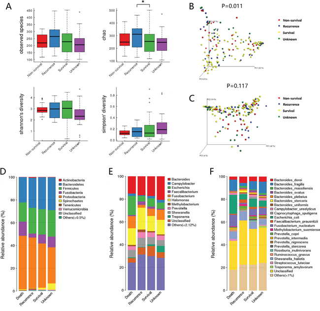 Diversity and structural changes of the tumor microbiota among the Non-survival group (n = 28), Recurrent group (n = 31), Survival group (n = 92) and Unknown group (n = 29).