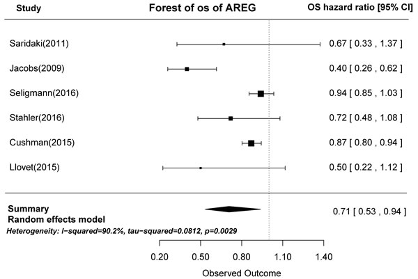 Forest plot of overall survival in high and low tumor AREG mRNA expression subgroups.