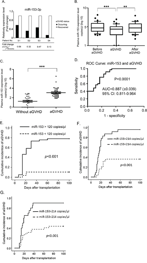 miR-153-3p is significantly increased when aGVHD occurs after allo-HSCT.