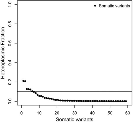 Distribution of the heteroplasmic fractions (HFs) of somatic variants.