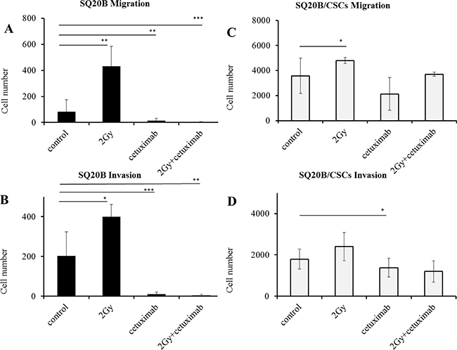 Influence of photon radiation and/or cetuximab on migration and invasion abilities of SQ20B parental cells and their SQ20B/CSCs subpopulation.