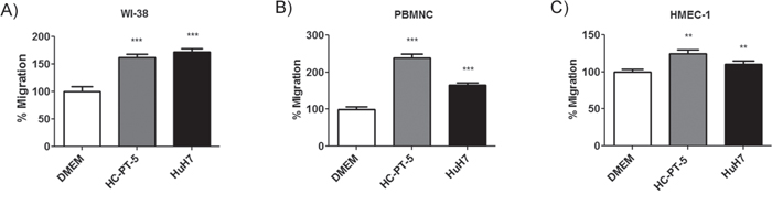 HCC CM-stimulated MSCs modulated migratory capacity of components of tumor microenvironment.