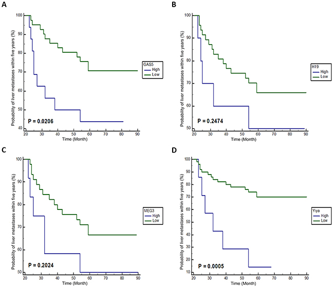 Kaplan-Meier curves of liver metastases on four candidate lncRNAs in patients with stage I/II CRC.
