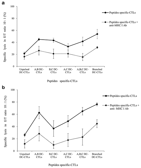 Lactate dehydrogenase release induced by multipeptide cocktail- and branched multipeptide-specific CTLs in the U251 glioblastoma cell line and primary glioblastoma cells.