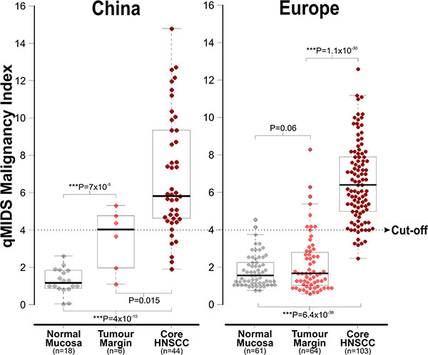 Comparison of qMIDS scores between Chinese and European head and neck tissue samples.