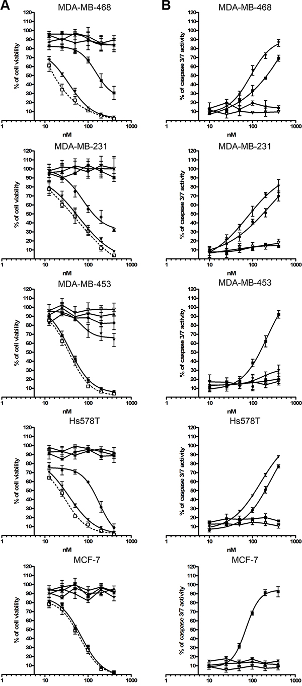 Toxic activity of photoimmunotheranostic agents against four TNBC cell lines and MCF-7.