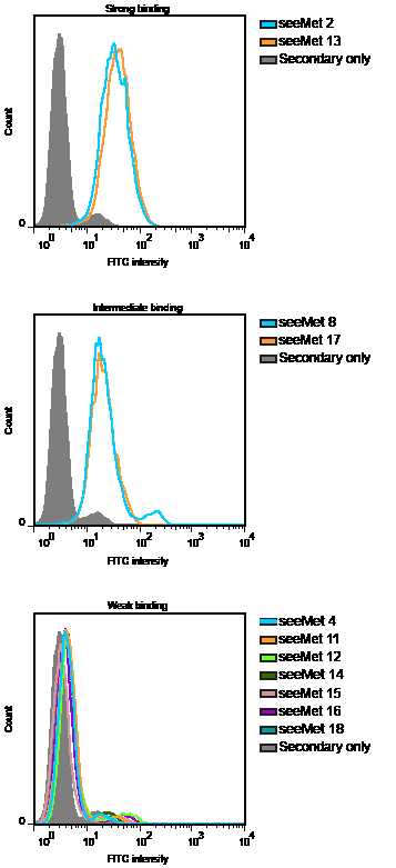 Flow cytometry analysis of SNU-5 cells treated with seeMet monoclonal antibodies.