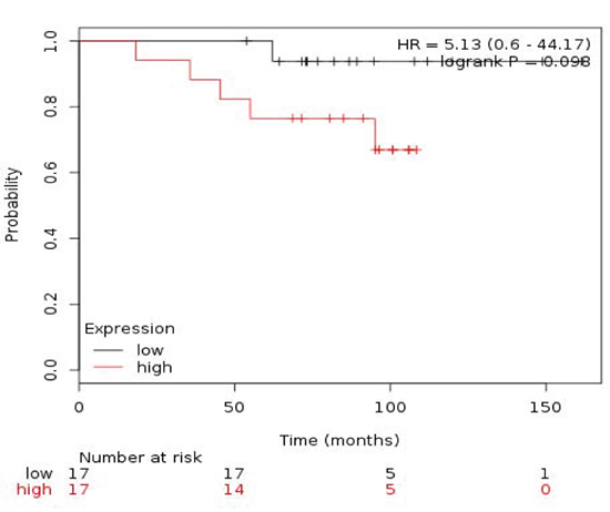 Association of the combined analyses of TRIP13+RAD51 with OS in ER+/HER2- patients.