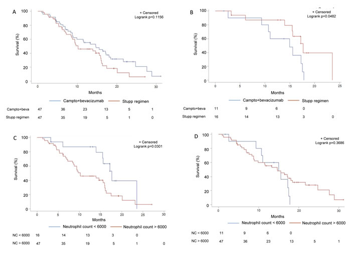 Subgroup analysis of survival in function of bevacizumab usage and neutrophil count in the validation set.