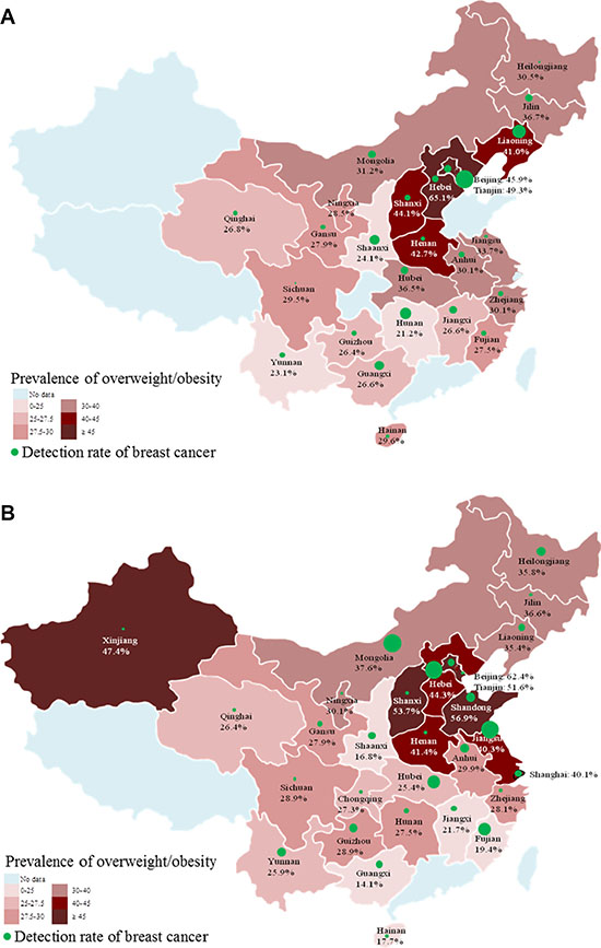 The provincial prevalence of overweight/obesity and the corresponding detection rate of breast cancer (1/105) among Chinese urban (A) and rural (B) women.