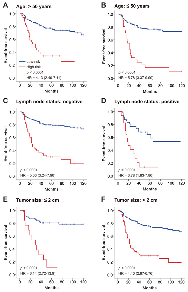 Kaplan&#x2013;Meier survival analysis for all 327 patients with triple negative breast cancer according to the 17-3&#x2032;UTR-based classifier stratified by clinicopathological risk factors.