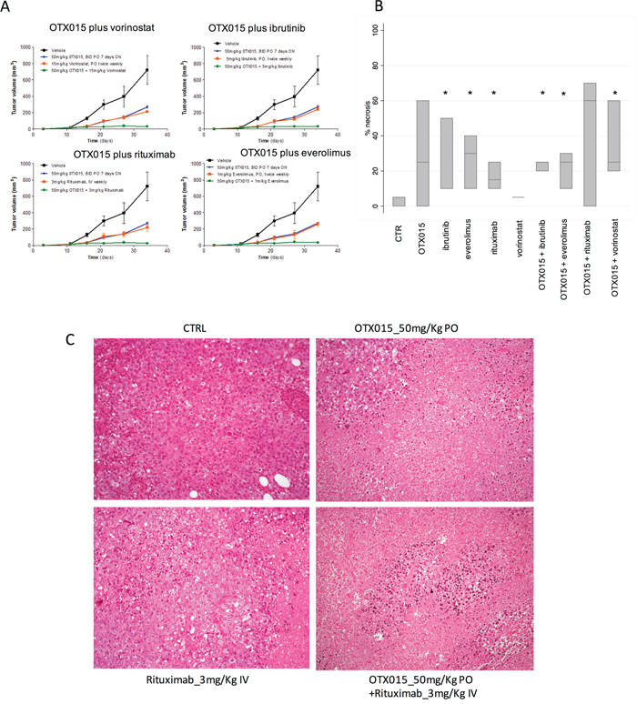 In vivo treatment of ABC-DLBCL SU-DHL-2 xenografts with OTX015 as a single agent and in combination with other targeted drugs.