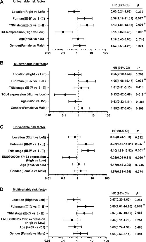 Univariate (A) and multivariate analyses (B) of TCL6 in ccRCC patients.