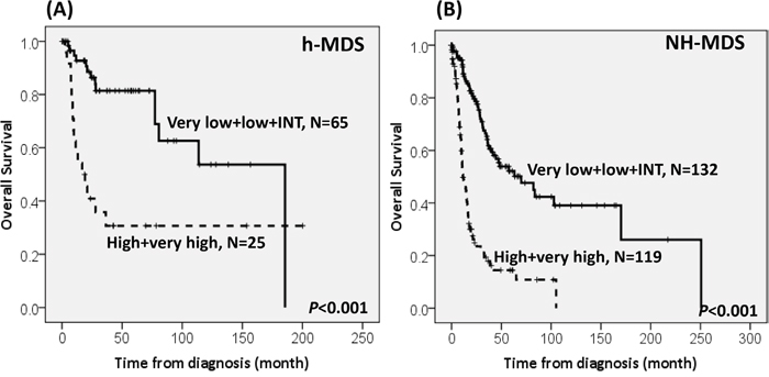 The Kaplan-Meier survival curves of h-MDS and NH-MDS patients, stratified by IPSS-R.