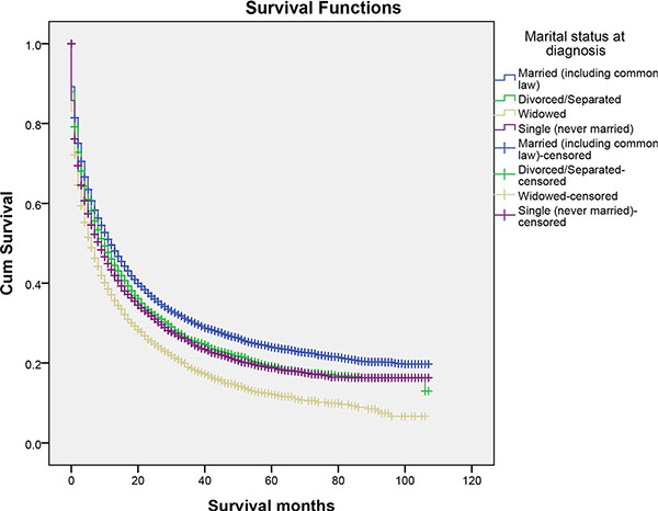 The cancer-caused specific survival of patients with primary liver cancer according to marital status