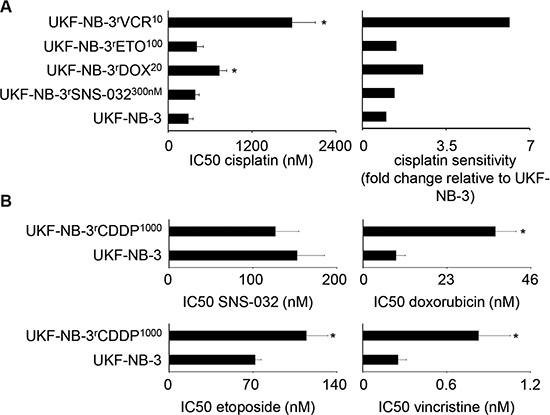 Sensitivity of UKF-NB-3 and its ABCB1-expressing sub-lines with acquired resistance to SNS-032 (UKF-NB-3rSNS-032300nM), doxorubicin (UKF-NB-3rDOX20), etoposide (UKF-NB-3rETO100), and vincristine (UKF-NB-3rVCR10) to the non-ABCB1 substrate cisplatin, and sensitivity of the non ABCB1-expressing cisplatin-resistant UKF-NB-3 sub-line UKF-NB-3rCDDP1000 to the ABCB1 substrates SNS-032, doxorubicin, etoposide, and vincristine.