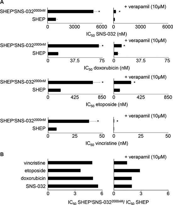Sensitivity of SHEP and its sub-line with acquired resistance to SNS-032 (SHEPrSNS-0322000nM) to the cytotoxic ABCB1 substrates SNS-032, doxorubicin, etoposide, and vincristine.