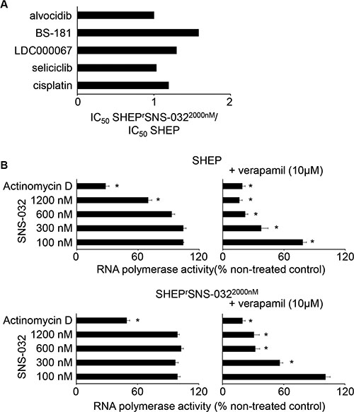Sensitivity of SHEP and its sub-line with acquired resistance to SNS-032 (SHEPrSNS-0322000nM) to the non-ABCB1 substrates cisplatin, seliciclib (CDK2, 7, and 9 inhibitor), LDC000067 (CDK7 inhibitor), and BS-181 (CDK9 inhibitor).