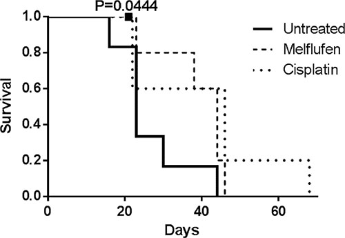 Kaplan-Meier survival curve of mice treated with melflufen and cisplatin.