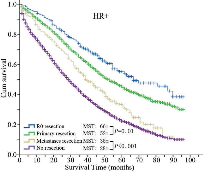 Kaplan-Meier survival curves of the four groups in the HR+ population.