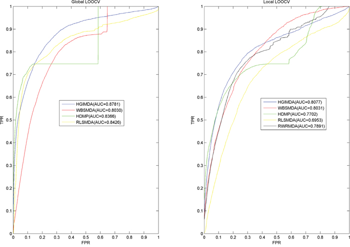 Performance comparisons between HGIMDA and four state-of-the-art disease-miRNA association prediction models (BSMDA, RLSMDA, HDMP, and RWRMDA) in terms of ROC curve and AUC based on local and global LOOCV, respectively.