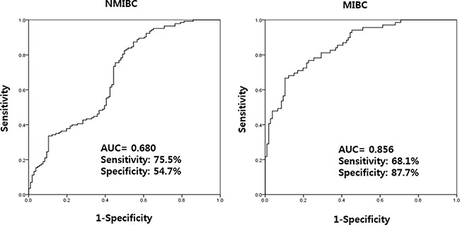 Receiver operating characteristics curve analysis of UBE2C urinary cell-free RNAs in NMIBC and MIBC.