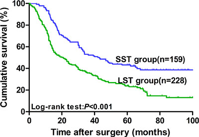 Kaplan&#x2013;Meier survival curves in ESCC patients who underwent curative esophagectomy according to tumor size (n = 387).