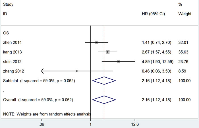 Forest plot of hazard ratio for the association of MACC1 overexpression and overall survival.