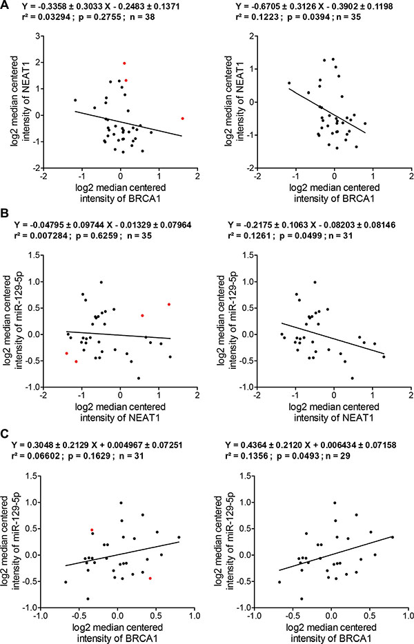 In silico expression correlation analysis of BRCA1, NEAT1 and miR-129-5p in a cohort of human breast cancer cell lines.