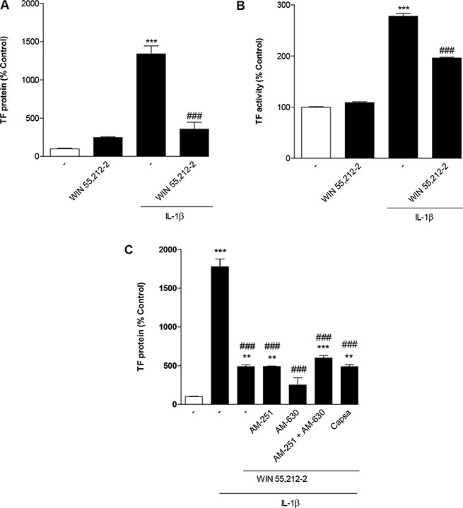 Impact of WIN 55,212-2 on basal and IL-1&#x03B2;-induced TF expression (A) and TF activity (B) in human blood monocytes.