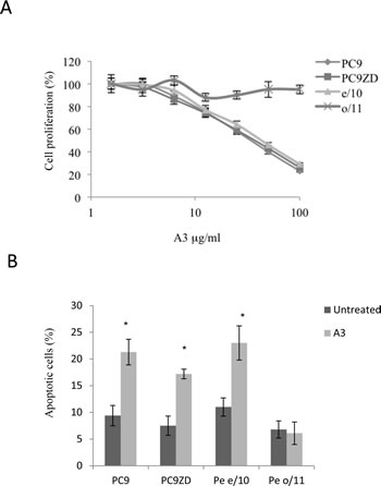 A3 affects proliferation and induces apoptosis in high surface expressing ErbB3 cells.