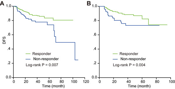 Kaplan-Meier survival estimates for responders and non-responders in the retrospective study and the prospective study.