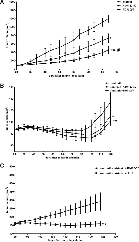 Effects of sunitinib, ADM22-52, PD98059 on the growth rates of mice RCC xenografts.