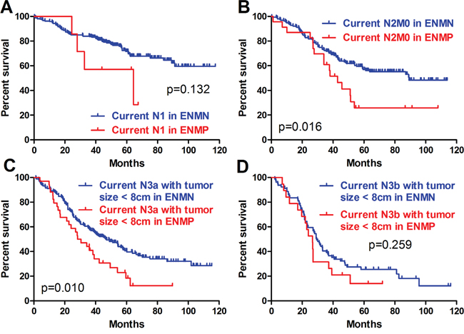 Prognosis of ENMP and ENMN patients in current N stages.