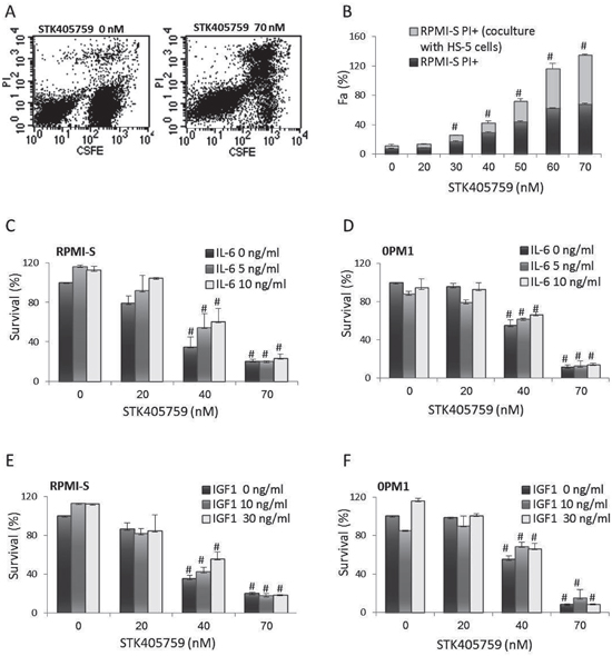 STK405759 overcomes the growth stimulatory effects of BMSCs, IL-6 and IGF1 on MM cells survival.