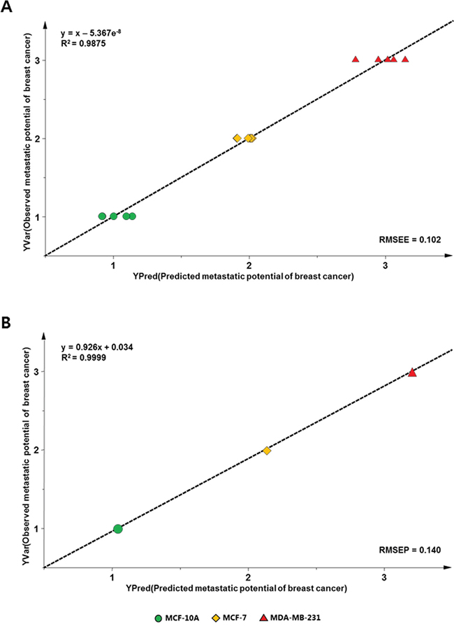 PLS-derived relationship between observed and predicted metastatic potentials of mammary epithelial and metastatic breast cancer cell samples using the training set A. and test set B. analyzed with variables having a VIP value of &#x003E;1.1.