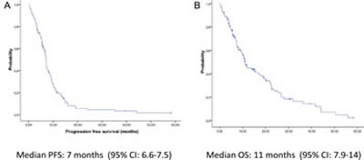 Kaplan-Meier curves of (A) progression-free survival and (B) overall survival for all 115 patients.