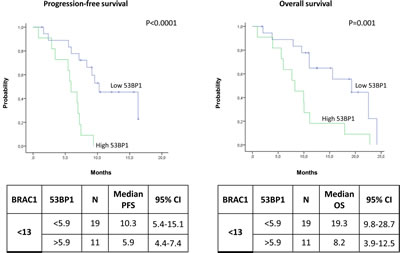 Kaplan-Meier curves showing (A) progression-free survival and (B) overall survival in patients with low BRCA1 expression according to 53BP1 expression levels.