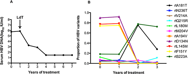 The dynamic changes in HBV DNA levels and resistance-associeted variants in the RT domains during ADV+LdT treatment in patient 2.