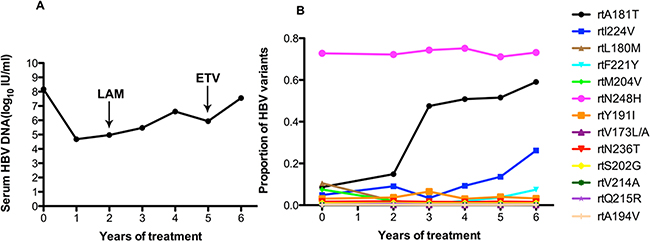 The dynamic changes in HBV DNA levels and resistance-associated variants in the RT domains during ADV+LAM treatment in patient 6.