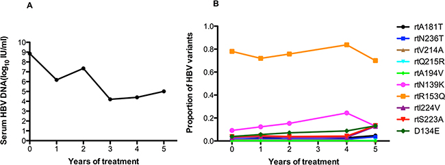 The dynamic changes in HBV DNA levels and resistance-associated variants in the RT domains during ADV monotherapy in patient 7.