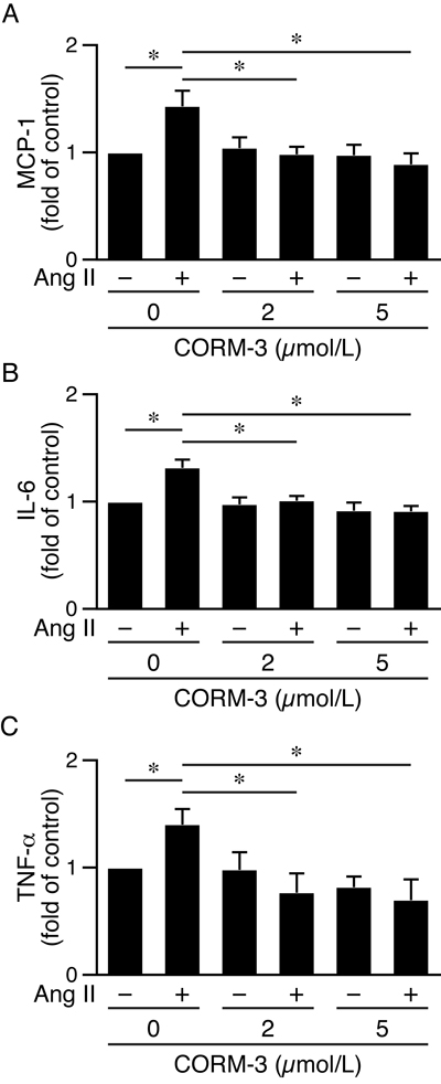 CORM-3 reduces angiotensin II-induced inflammatory cytokine productions in HO-1