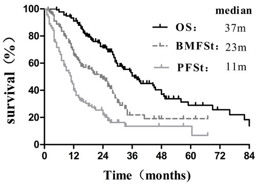 Overall survival, Brain-metastasis-free survival of TKIs and Progression-free survival of TKIs for 134 patients with EGFR-mutated advanced lung adenocarcinoma.